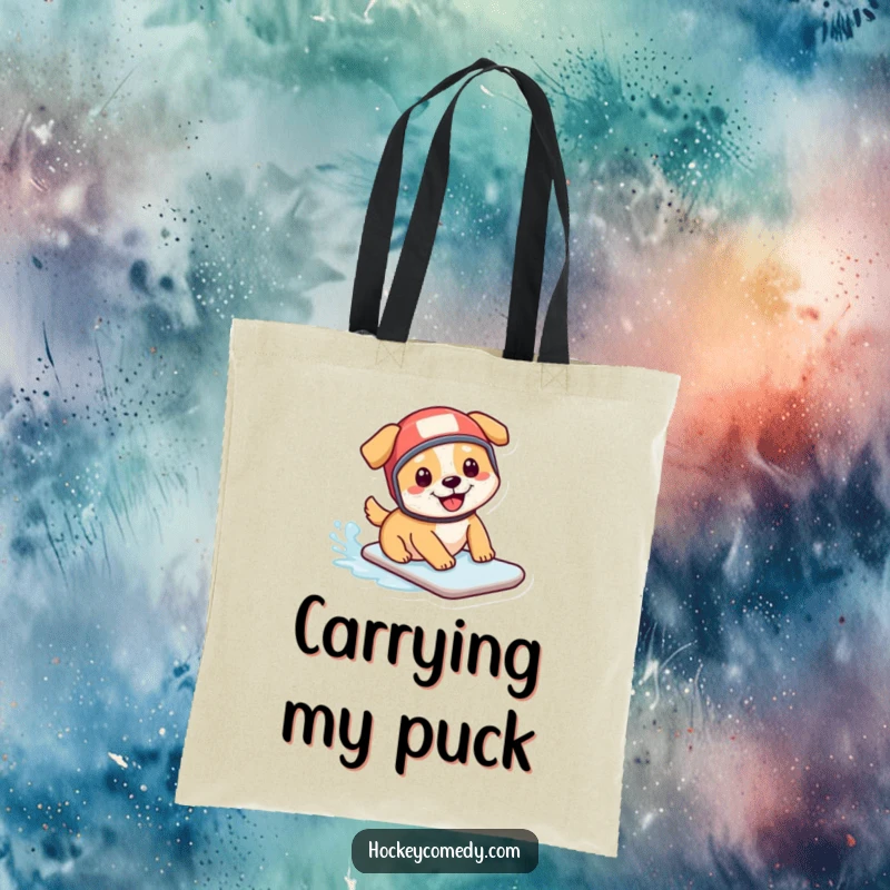 Funny tote bag: A happy dog wearing a small hockey helmet slides across ice, showcasing a funny and active pet.
