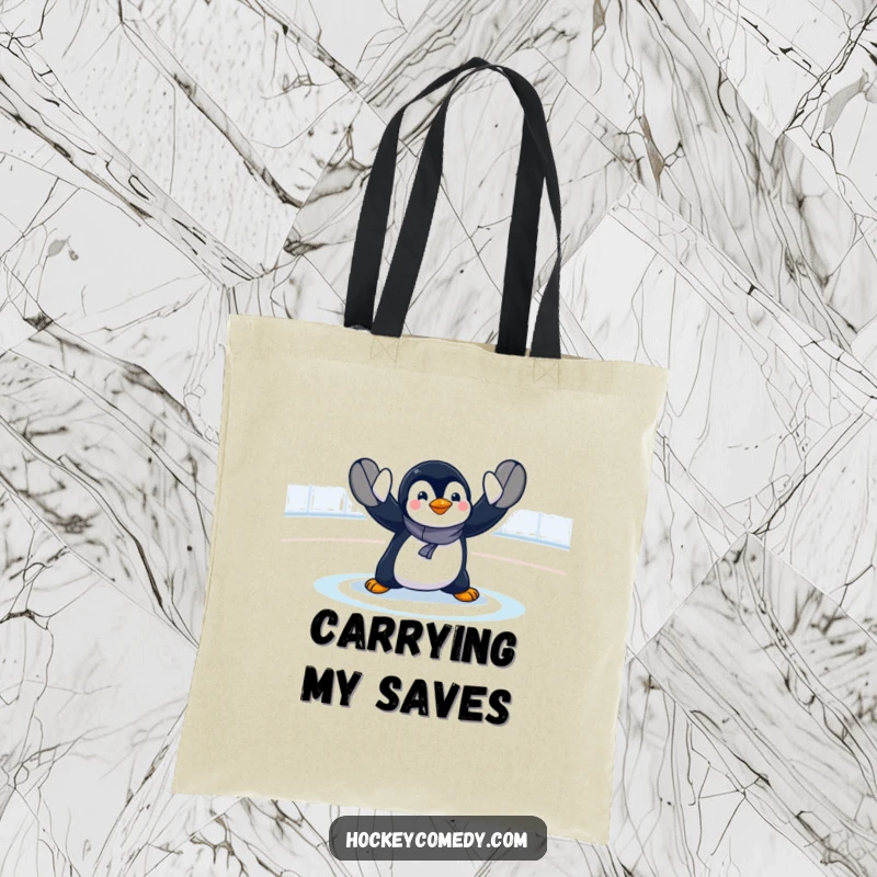 Funny penguin goalie tote bag featuring a comical, exaggerated save of a hockey puck, showcasing playful sports humor and utility.