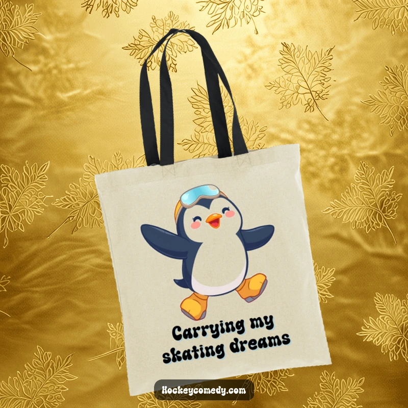 Funny tote bag depicting a jubilant penguin soaring through the air on oversized skates, full of winter cheer and energy.