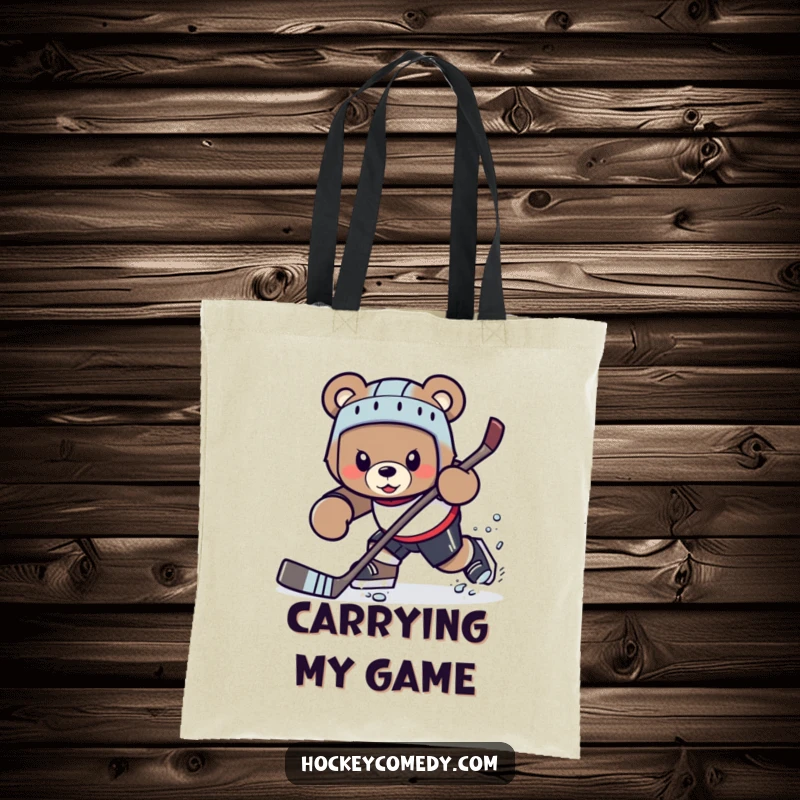 Funny determined bear character attempting a tricky hockey move, durable tote bag.