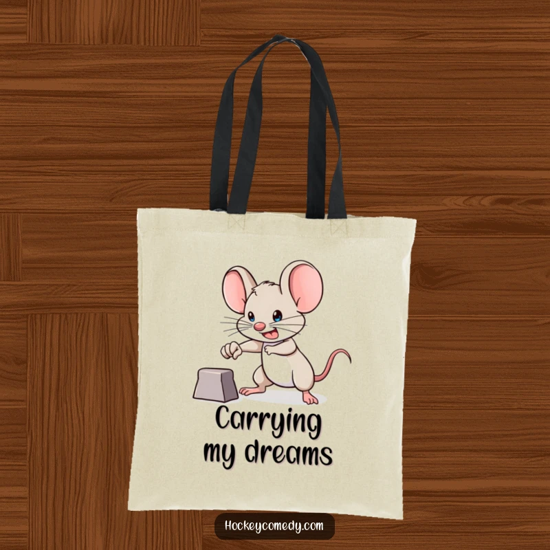 Funny brave mouse tote bag, determined expression, aiming for a goal, symbolizing ambition and humor for a practical gift.