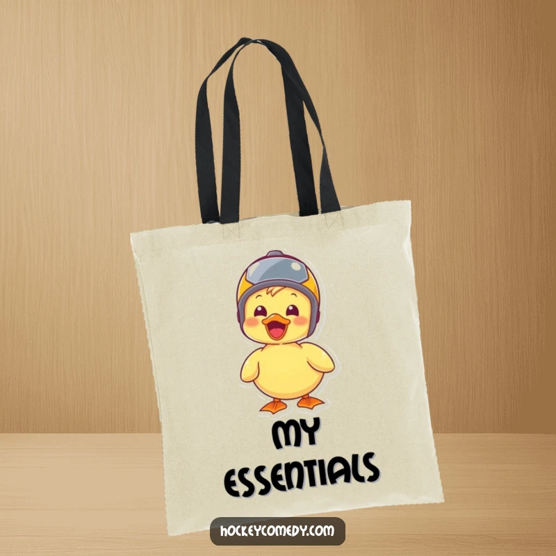 A joyful duck wearing a small helmet, ready for adventure, printed on a durable and funny tote bag.