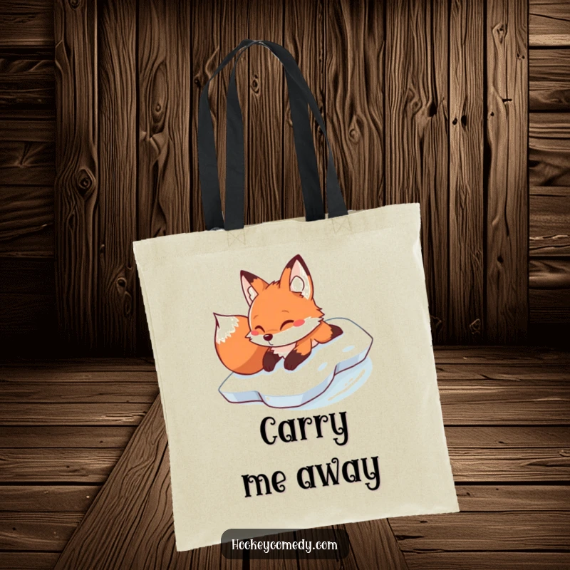 Funny determined fox sliding on its belly across ice on a humorous tote bag.