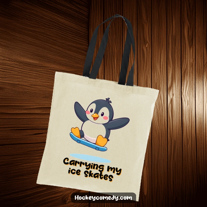 Funny Penguin Skater Tote Bag: A penguin performing a slick skate move, ideal for carrying winter gear.