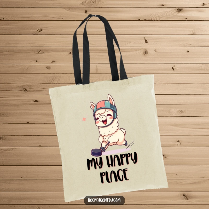 Funny llama tote bag, giggling, wearing a helmet, joyfully chasing a hockey puck, perfect for carrying essentials with humor.